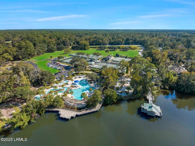 13 Annabella Ln, Hilton Head Island, SC 29926 - aerial view of property and surrounding area with a heavily wooded area, a pool area, and a large body of water