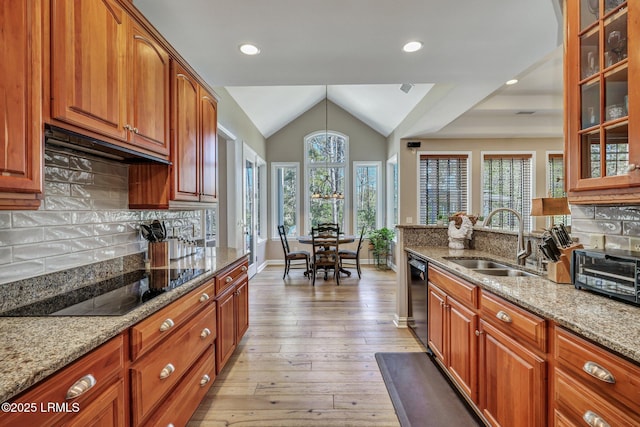 kitchen with sink, vaulted ceiling, light stone countertops, light hardwood / wood-style floors, and black appliances