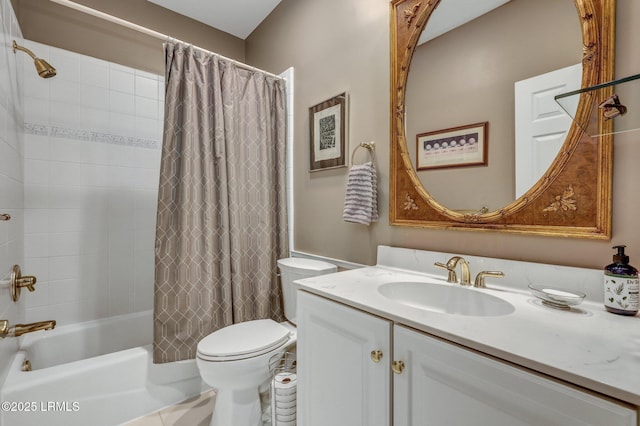 full bathroom featuring vanity, shower / bath combo, and toilet