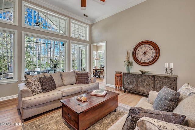 living room with ceiling fan, ornamental molding, light hardwood / wood-style flooring, and a high ceiling