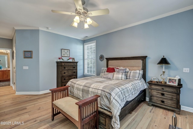 bedroom featuring crown molding, ceiling fan, and light wood-type flooring