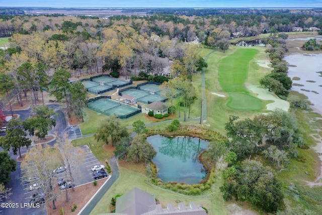 bird's eye view with a water view