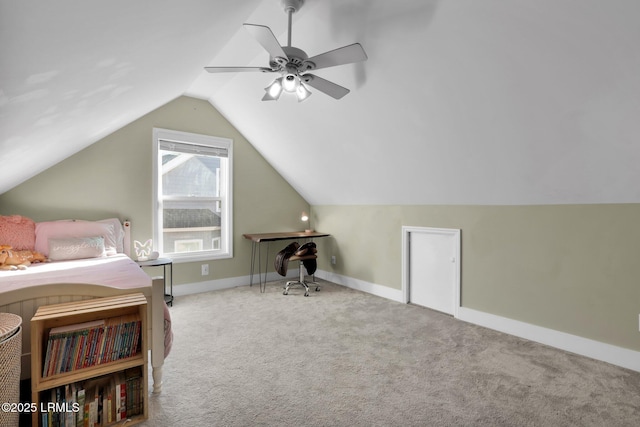 bedroom with lofted ceiling, light carpet, and ceiling fan