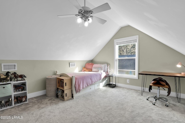 carpeted bedroom featuring lofted ceiling and ceiling fan