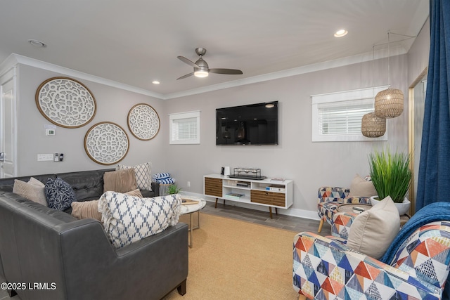 123 Sandcastle Ct, Hilton Head Island, SC 29928 - living area featuring a ceiling fan, baseboards, recessed lighting, crown molding, and plenty of natural light