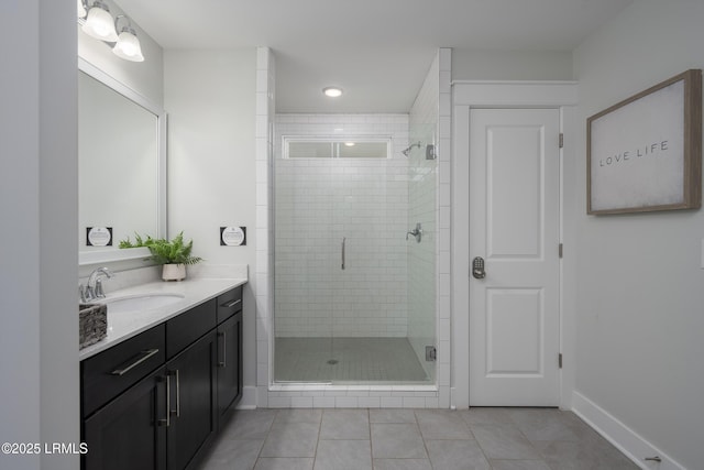 123 Sandcastle Ct, Hilton Head Island, SC 29928 - bathroom featuring vanity, tile patterned flooring, a stall shower, and baseboards