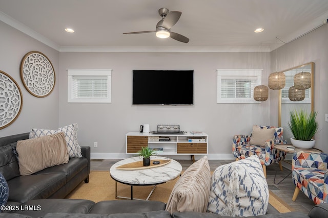 123 Sandcastle Ct, Hilton Head Island, SC 29928 - living room featuring baseboards, ceiling fan, crown molding, recessed lighting, and wood finished floors