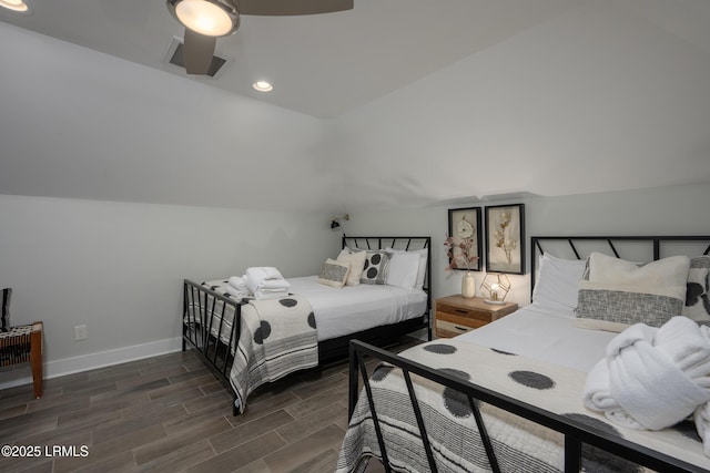123 Sandcastle Ct, Hilton Head Island, SC 29928 - bedroom with baseboards, recessed lighting, lofted ceiling, dark wood-style flooring, and ceiling fan