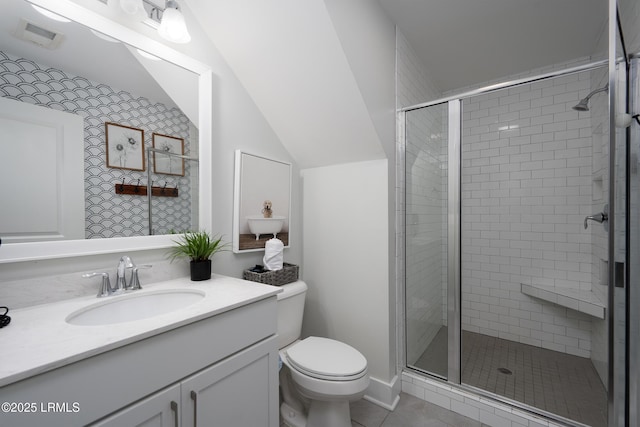 123 Sandcastle Ct, Hilton Head Island, SC 29928 - full bath with vanity, a stall shower, toilet, lofted ceiling, and tile patterned flooring