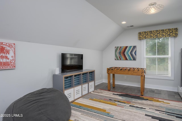 123 Sandcastle Ct, Hilton Head Island, SC 29928 - recreation room featuring lofted ceiling, baseboards, wood finished floors, and recessed lighting