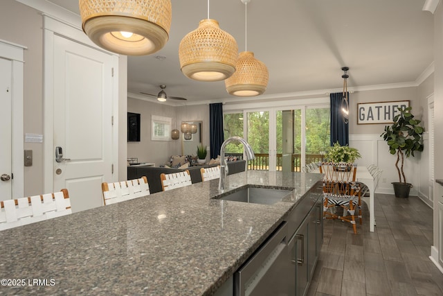 123 Sandcastle Ct, Hilton Head Island, SC 29928 - kitchen with dishwasher, a sink, ornamental molding, hanging light fixtures, and ceiling fan