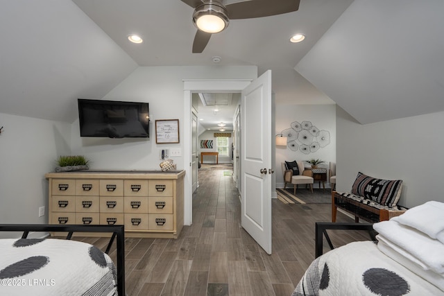 123 Sandcastle Ct, Hilton Head Island, SC 29928 - bedroom featuring attic access, dark wood-style flooring, vaulted ceiling, recessed lighting, and ceiling fan
