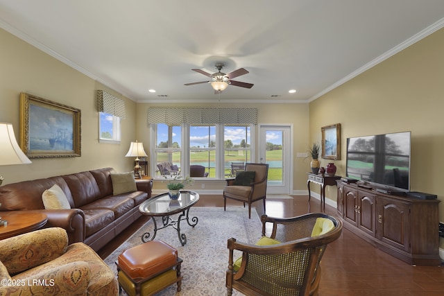 509 Nautical Ln, Okatie, SC 29909 - living room with ceiling fan, ornamental molding, recessed lighting, baseboards, and dark wood-style flooring