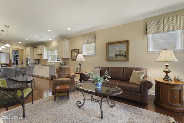 509 Nautical Ln, Okatie, SC 29909 - living room featuring wood finished floors, crown molding, recessed lighting, and baseboards