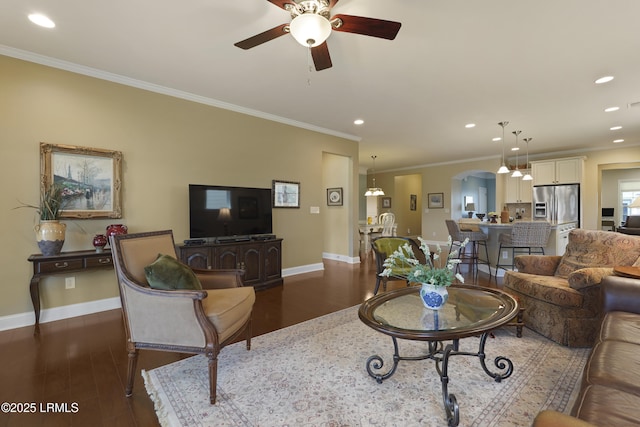 509 Nautical Ln, Okatie, SC 29909 - living room with crown molding, recessed lighting, baseboards, a ceiling fan, and dark wood-style floors