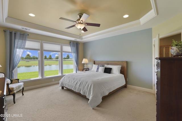 509 Nautical Ln, Okatie, SC 29909 - carpeted bedroom featuring a raised ceiling, ornamental molding, recessed lighting, baseboards, and a ceiling fan