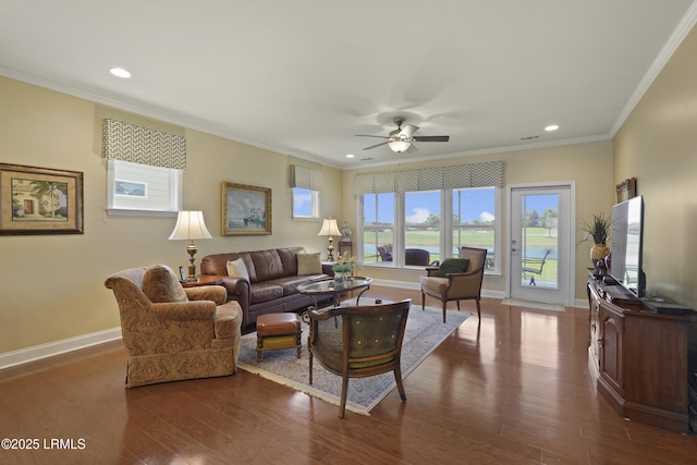509 Nautical Ln, Okatie, SC 29909 - living room featuring a ceiling fan, dark wood-type flooring, recessed lighting, baseboards, and ornamental molding