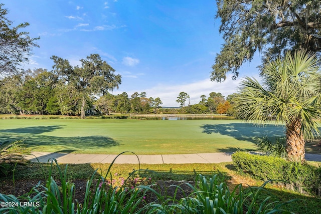 view of property's community with a yard and a water view