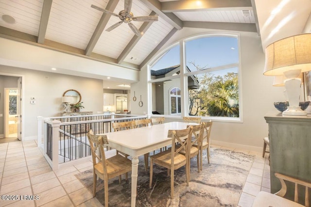 dining area featuring wood ceiling, light tile patterned floors, beam ceiling, and high vaulted ceiling