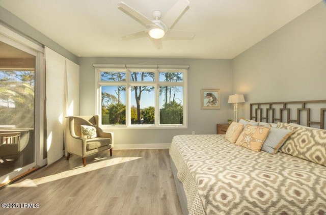 bedroom featuring light hardwood / wood-style flooring and ceiling fan