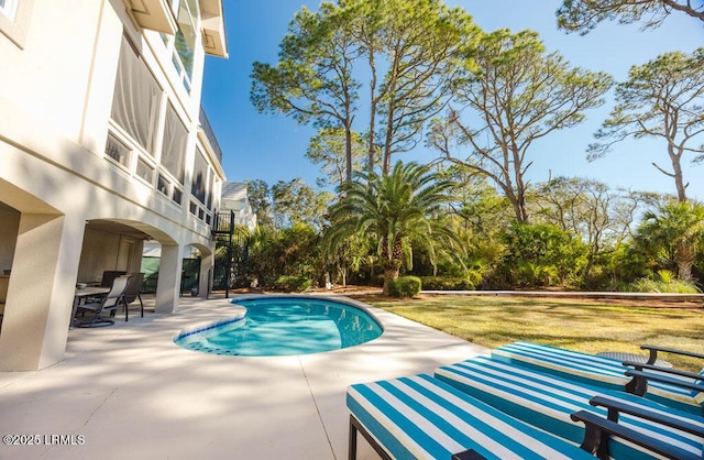 view of swimming pool featuring a patio area and a lawn