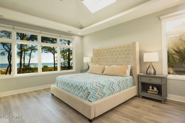 bedroom with a water view, a tray ceiling, a skylight, and light hardwood / wood-style flooring