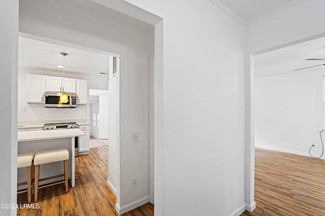 corridor featuring wood-type flooring and crown molding