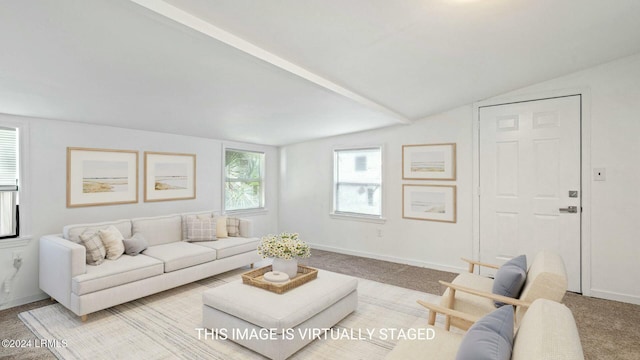 living room with lofted ceiling and light colored carpet