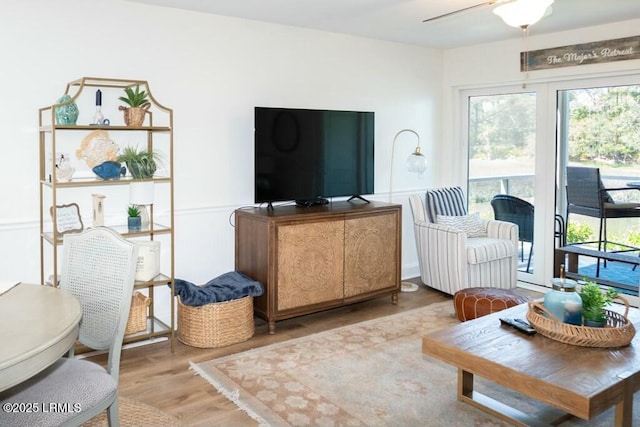 living area featuring a ceiling fan and wood finished floors