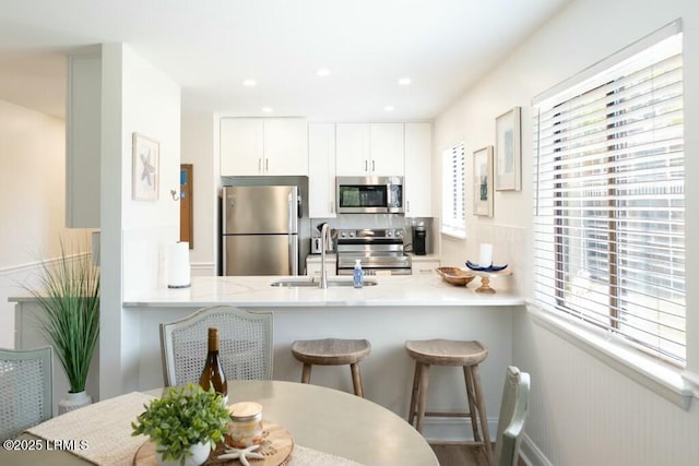 kitchen featuring stainless steel appliances, plenty of natural light, a peninsula, and a sink