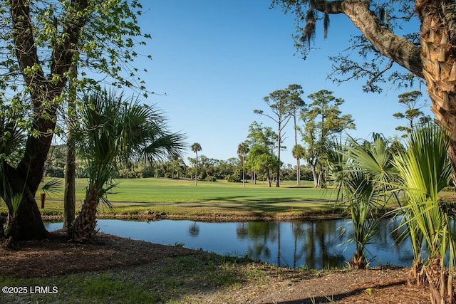 view of property's community featuring a water view and a lawn