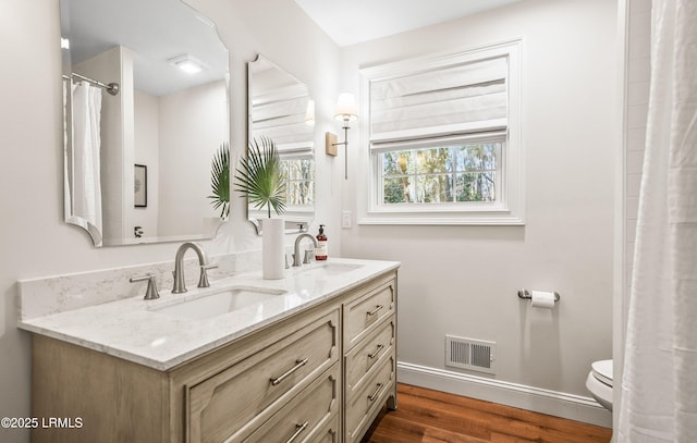 bathroom featuring double vanity, wood finished floors, a sink, and visible vents