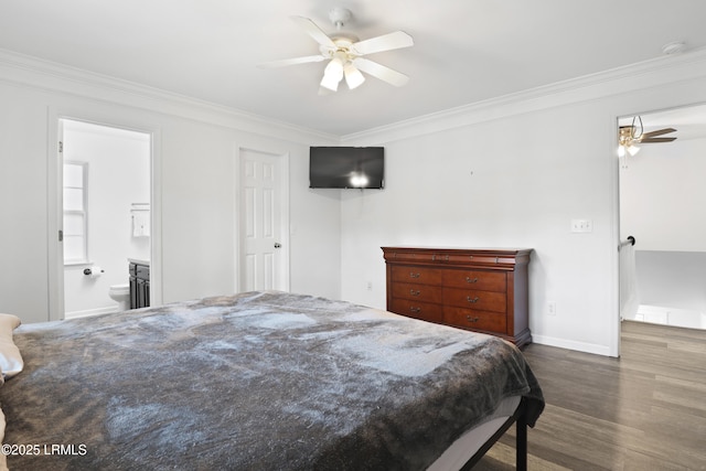 22 Sandy Pointe Dr, Bluffton, SC 29910 - bedroom with ornamental molding, wood finished floors, baseboards, a ceiling fan, and ensuite bath