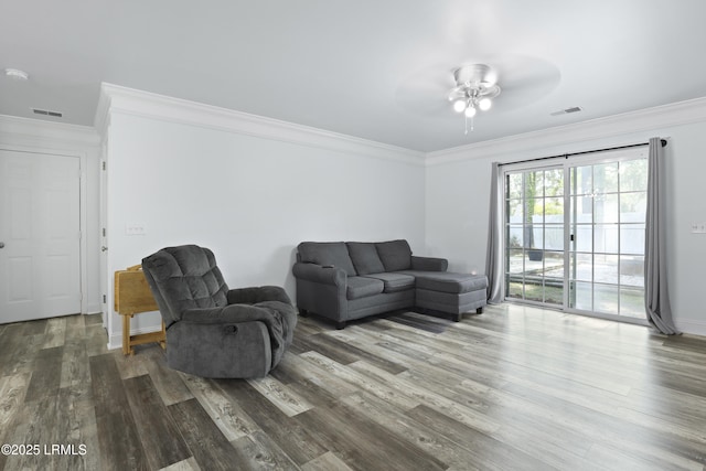 22 Sandy Pointe Dr, Bluffton, SC 29910 - living room featuring ceiling fan, ornamental molding, wood finished floors, and baseboards