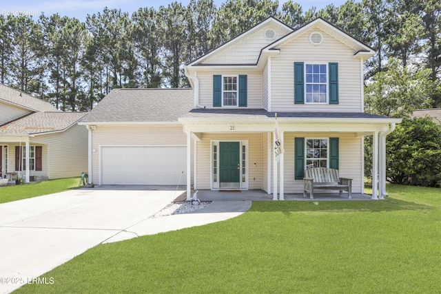22 Sandy Pointe Dr, Bluffton, SC 29910 - traditional home featuring driveway, an attached garage, a porch, and a front lawn