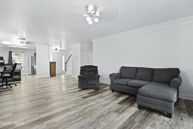 22 Sandy Pointe Dr, Bluffton, SC 29910 - living area with ceiling fan, light wood-style flooring, an office area, baseboards, and crown molding