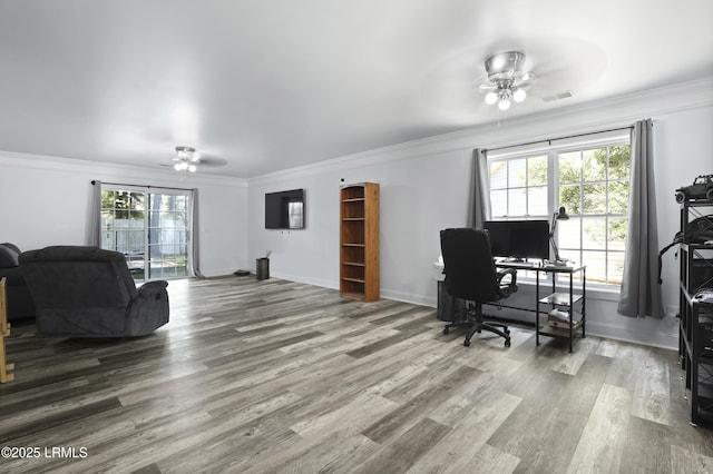 22 Sandy Pointe Dr, Bluffton, SC 29910 - office space featuring ceiling fan, wood finished floors, baseboards, and ornamental molding