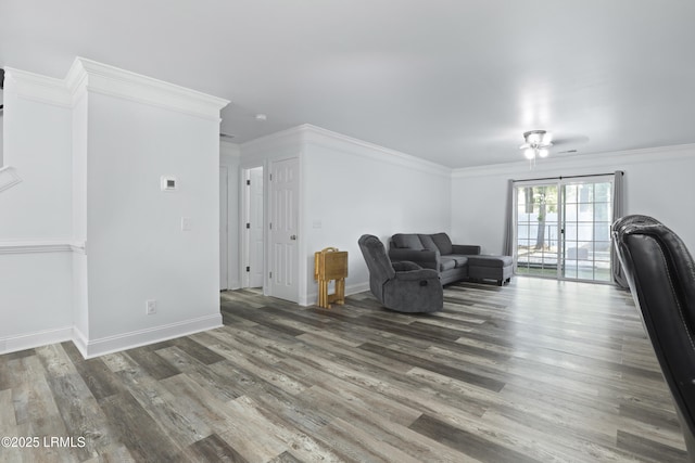 22 Sandy Pointe Dr, Bluffton, SC 29910 - living area with ceiling fan, wood finished floors, ornamental molding, and baseboards