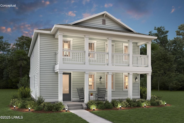 greek revival house with a porch, a front yard, and a balcony