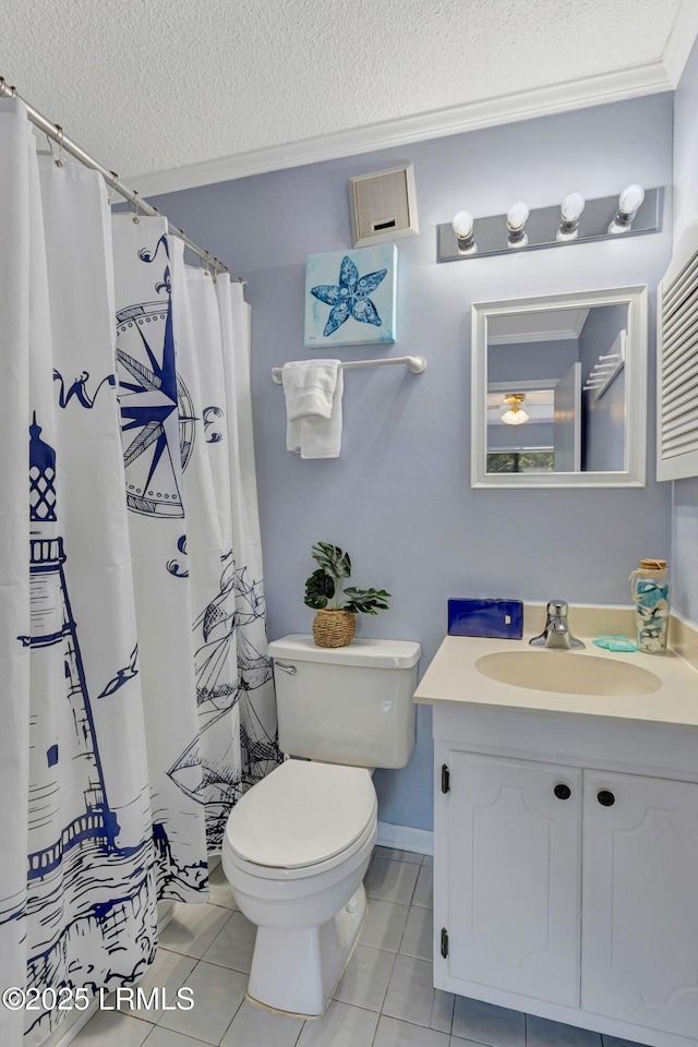 40 Folly Field Rd Unit G1, Hilton Head Island, SC 29928 - full bath featuring a textured ceiling, vanity, tile patterned floors, crown molding, and curtained shower