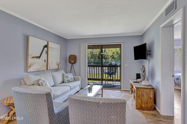 40 Folly Field Rd Unit G1, Hilton Head Island, SC 29928 - living room featuring ornamental molding, a textured ceiling, and light wood-type flooring
