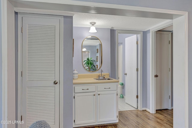 40 Folly Field Rd Unit G1, Hilton Head Island, SC 29928 - bathroom featuring vanity, wood finished floors, a closet, crown molding, and a textured ceiling