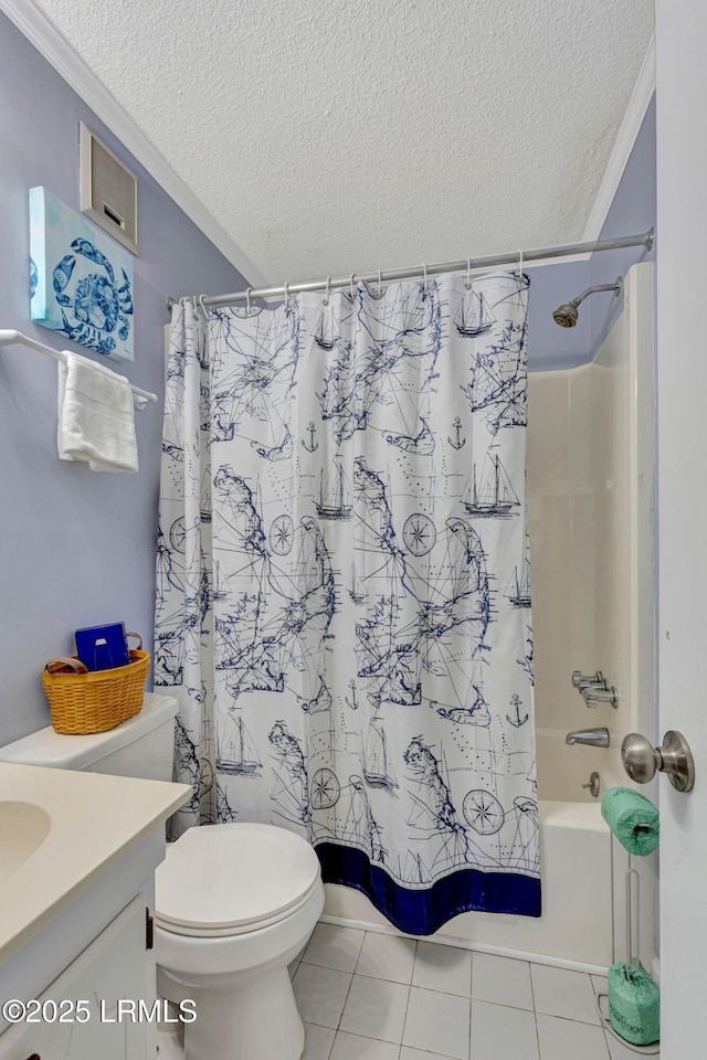 40 Folly Field Rd Unit G1, Hilton Head Island, SC 29928 - bathroom with a textured ceiling, shower / bathtub combination with curtain, vanity, tile patterned flooring, and ornamental molding