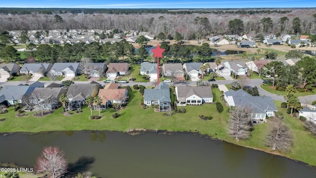 birds eye view of property with a water view and a residential view