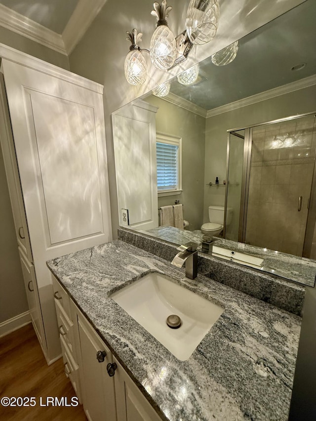 189 Deloss Point Rd, Ridgeland, SC 29936 - full bath with vanity, wood finished floors, a stall shower, and crown molding