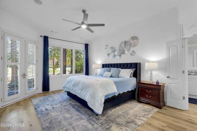 bedroom with crown molding, access to outside, ceiling fan, and light wood-type flooring