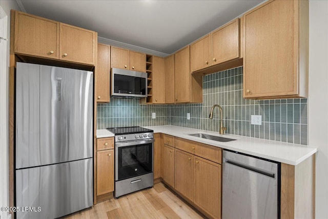 1730 Battery Park Dr, Port Royal, SC 29935 - kitchen with appliances with stainless steel finishes, open shelves, light wood-style flooring, light countertops, and decorative backsplash