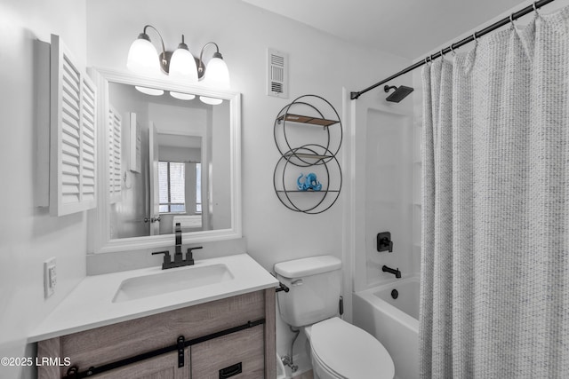 full bathroom featuring toilet, visible vents, shower / bath combo with shower curtain, and vanity