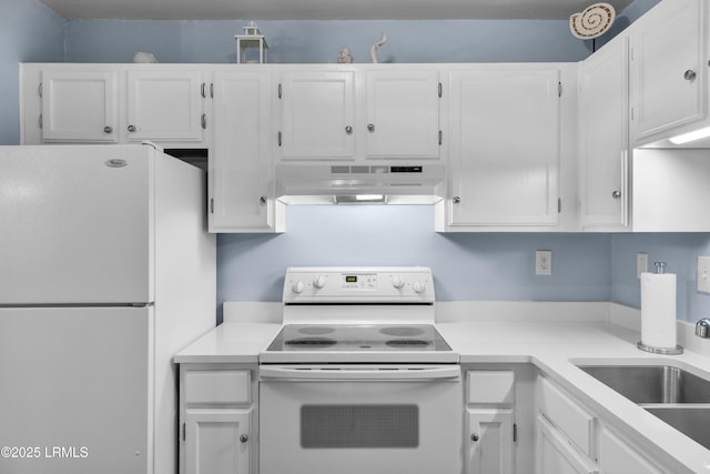 kitchen featuring light countertops, white appliances, white cabinetry, and under cabinet range hood