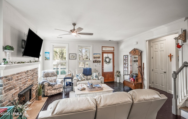 104 Grande Oaks, Beaufort, SC 29906 - living room with hardwood / wood-style flooring, ceiling fan, ornamental molding, and a brick fireplace